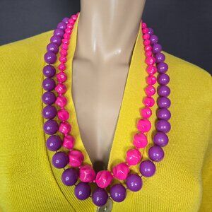 Vintage 80s Hot Pink & Purple Chunky Beaded Necklace Set Statement Acrylic Retro